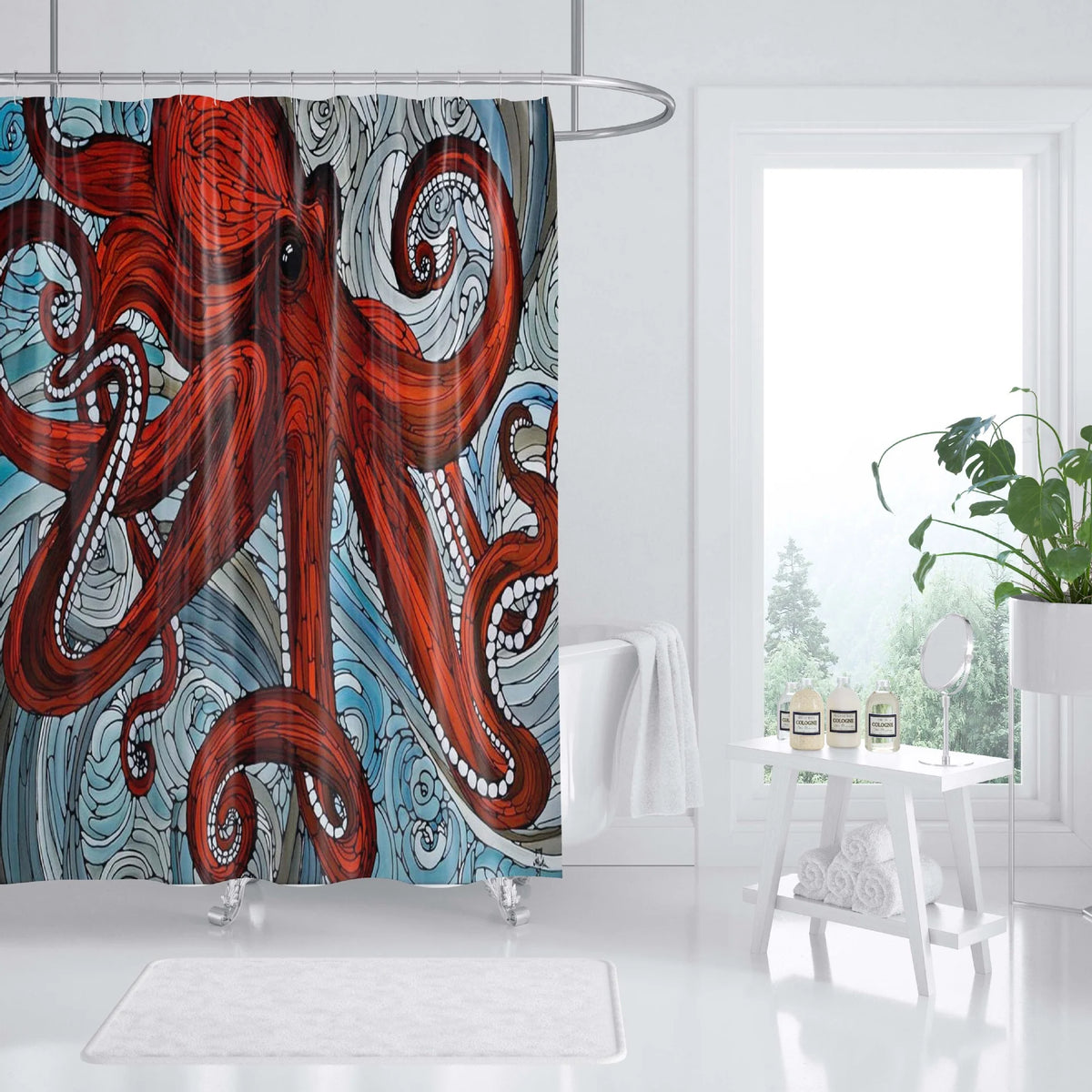 Shower Curtain | Ocean Art Octopus & Jellyfish Design & Water-Resistant Polyester | Fits Standard Bathtubs