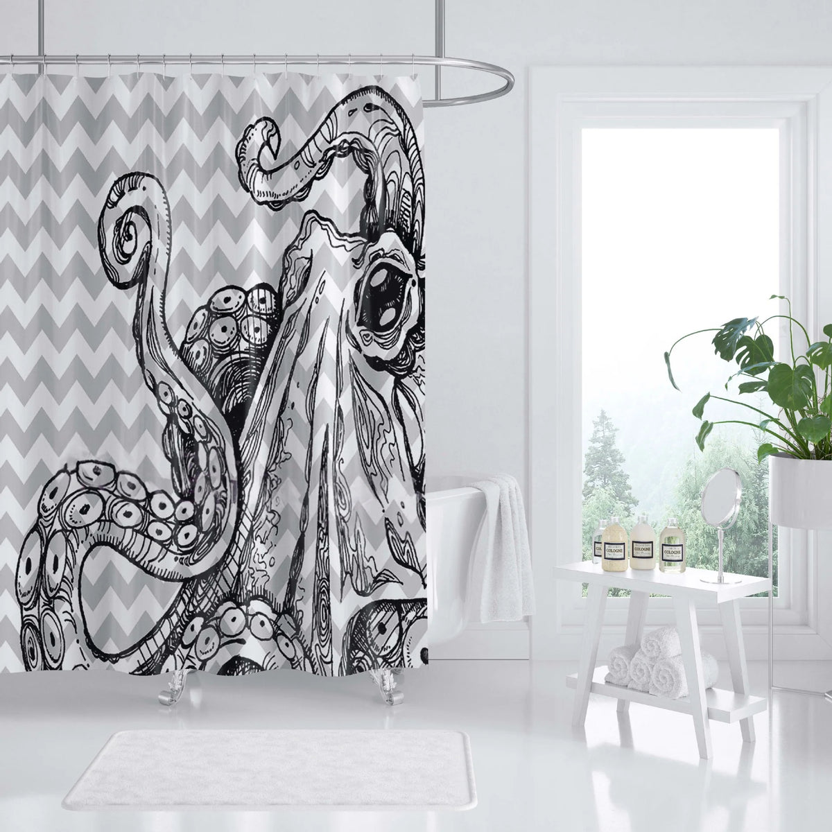 Shower Curtain | Ocean Art Octopus & Jellyfish Design & Water-Resistant Polyester | Fits Standard Bathtubs