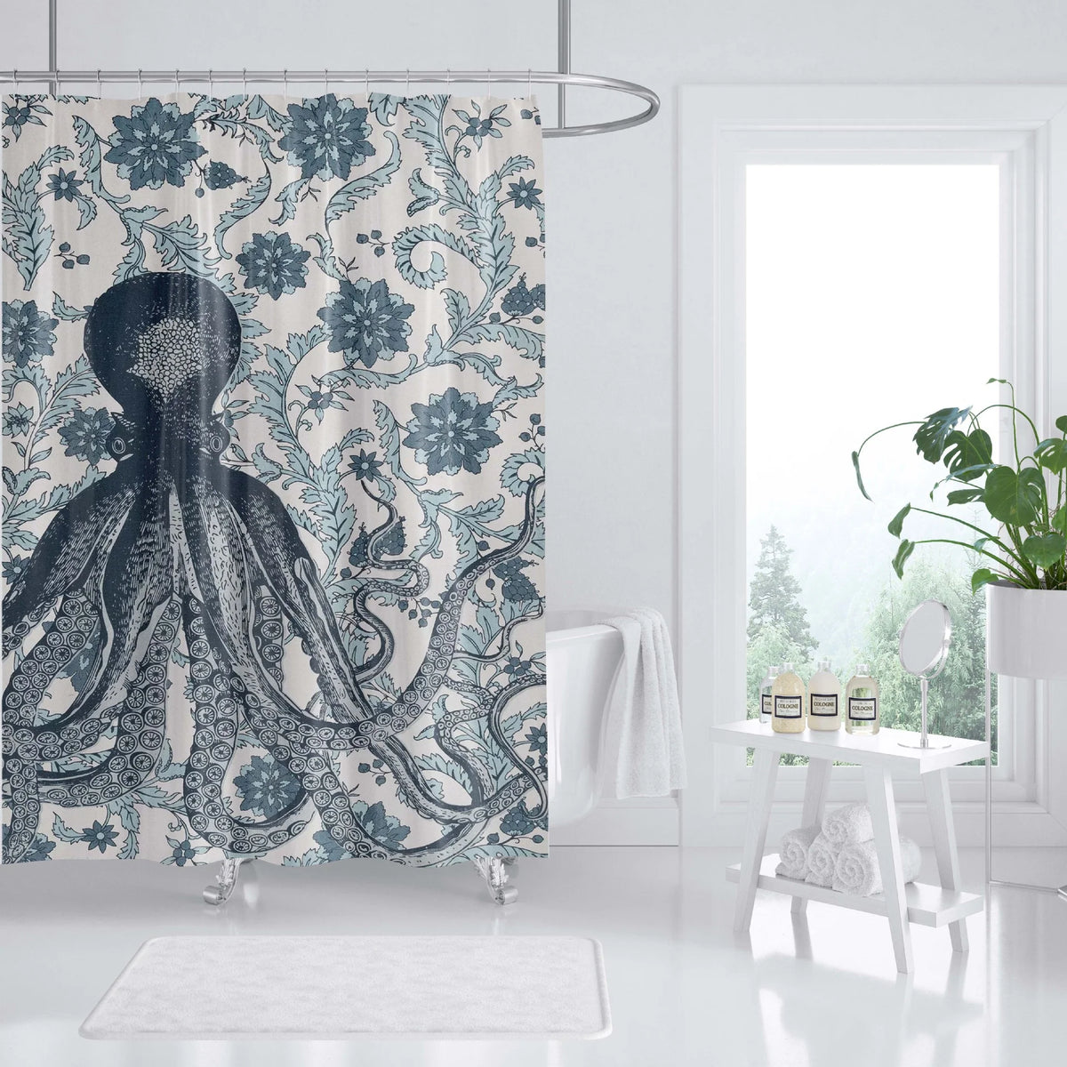 Shower Curtain | Ocean Art Octopus & Jellyfish Design & Water-Resistant Polyester | Fits Standard Bathtubs