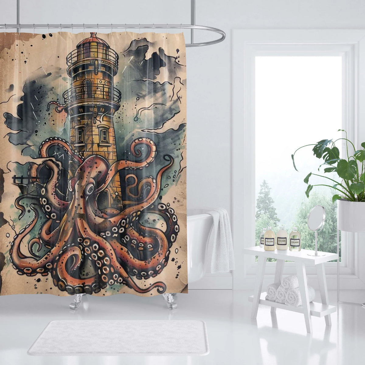 Shower Curtain | Ocean Art Octopus & Jellyfish Design & Water-Resistant Polyester | Fits Standard Bathtubs