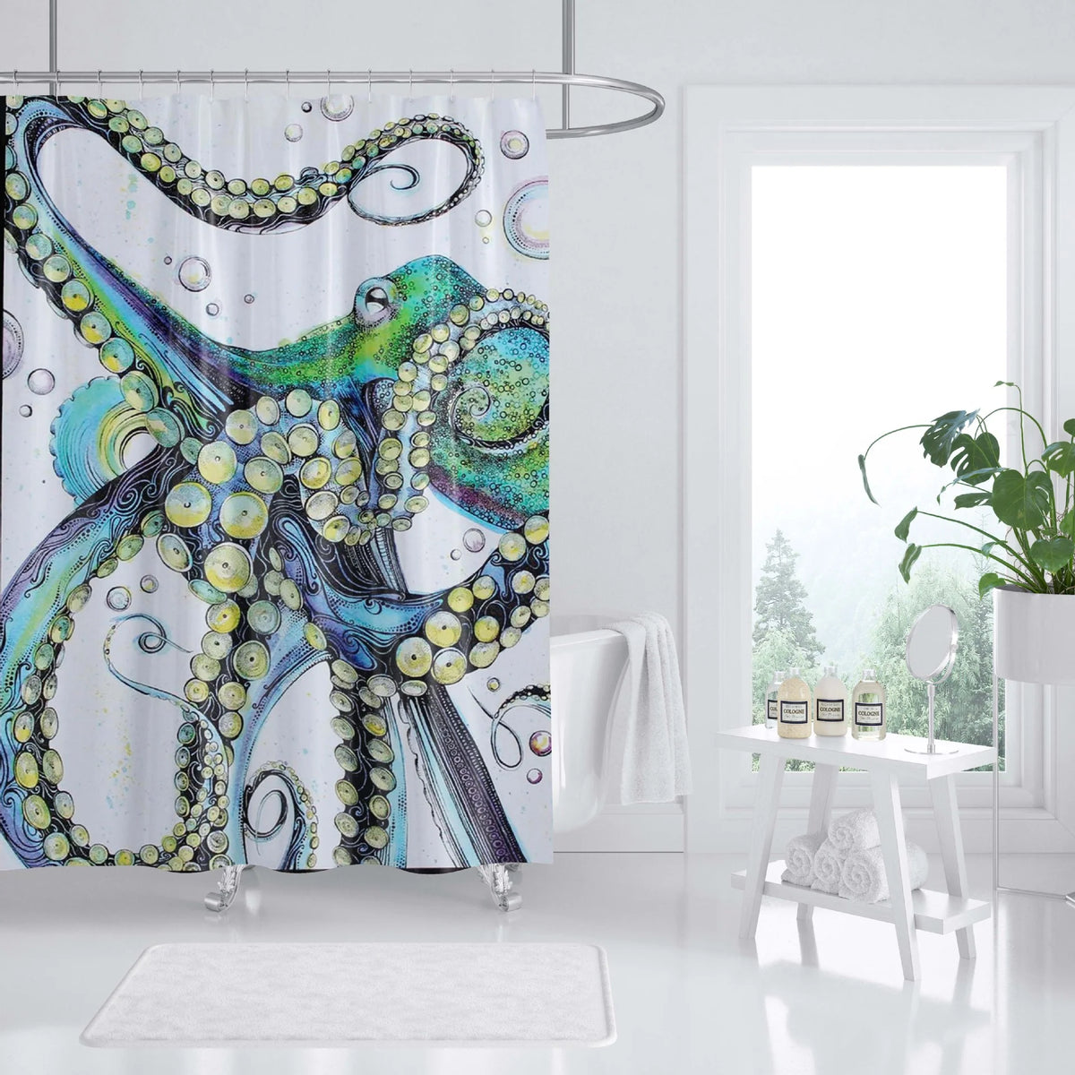 Shower Curtain | Ocean Art Octopus & Jellyfish Design & Water-Resistant Polyester | Fits Standard Bathtubs