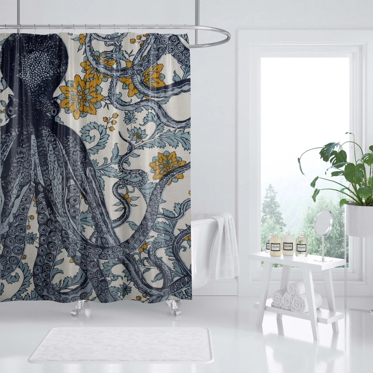 Shower Curtain | Ocean Art Octopus & Jellyfish Design & Water-Resistant Polyester | Fits Standard Bathtubs