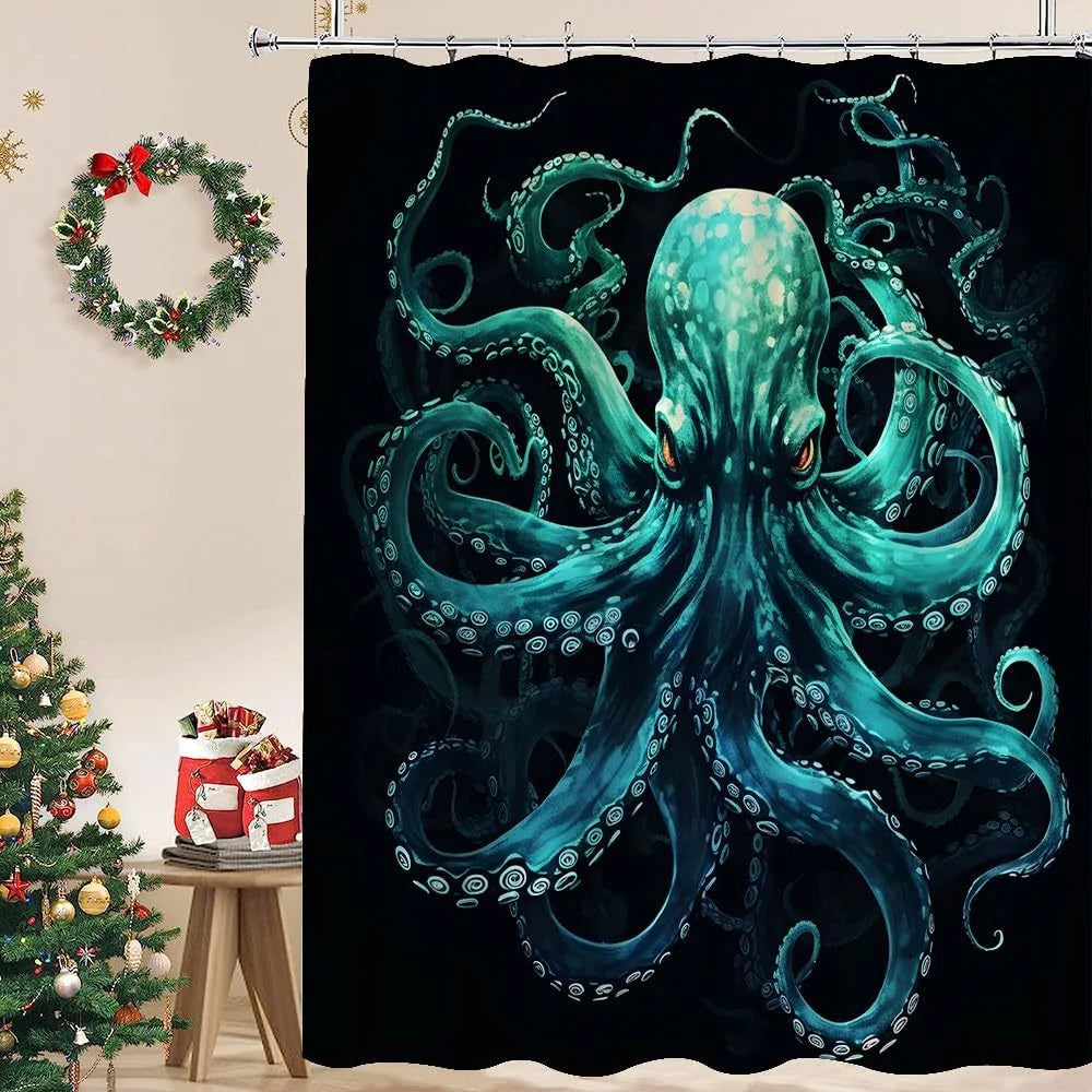 Shower Curtain | Ocean Art Octopus & Jellyfish Design & Water-Resistant Polyester | Fits Standard Bathtubs