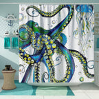 Shower Curtain | Ocean Art Octopus & Jellyfish Design & Water-Resistant Polyester | Fits Standard Bathtubs