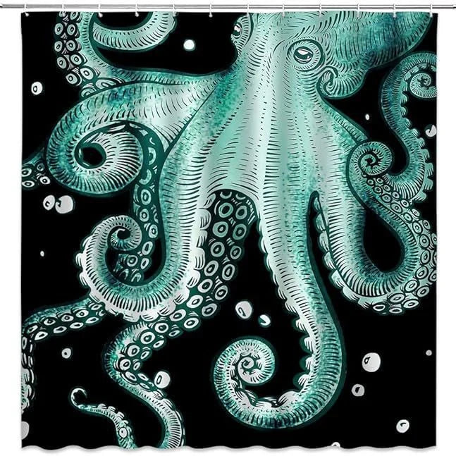 Shower Curtain | Ocean Art Octopus & Jellyfish Design & Water-Resistant Polyester | Fits Standard Bathtubs