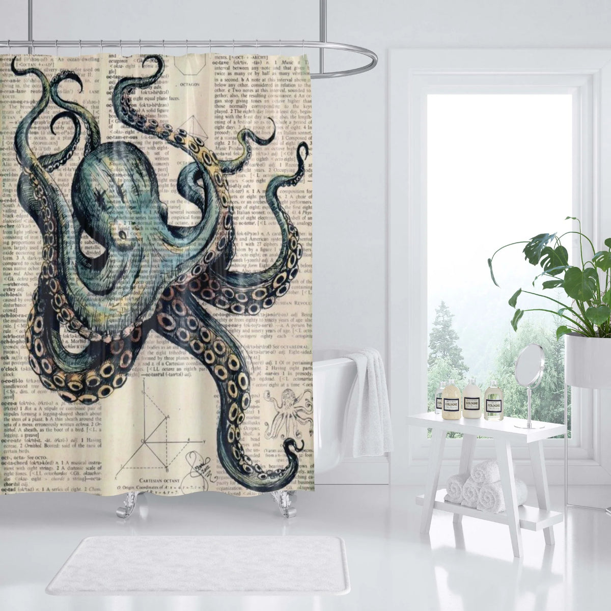 Shower Curtain | Ocean Art Octopus & Jellyfish Design & Water-Resistant Polyester | Fits Standard Bathtubs