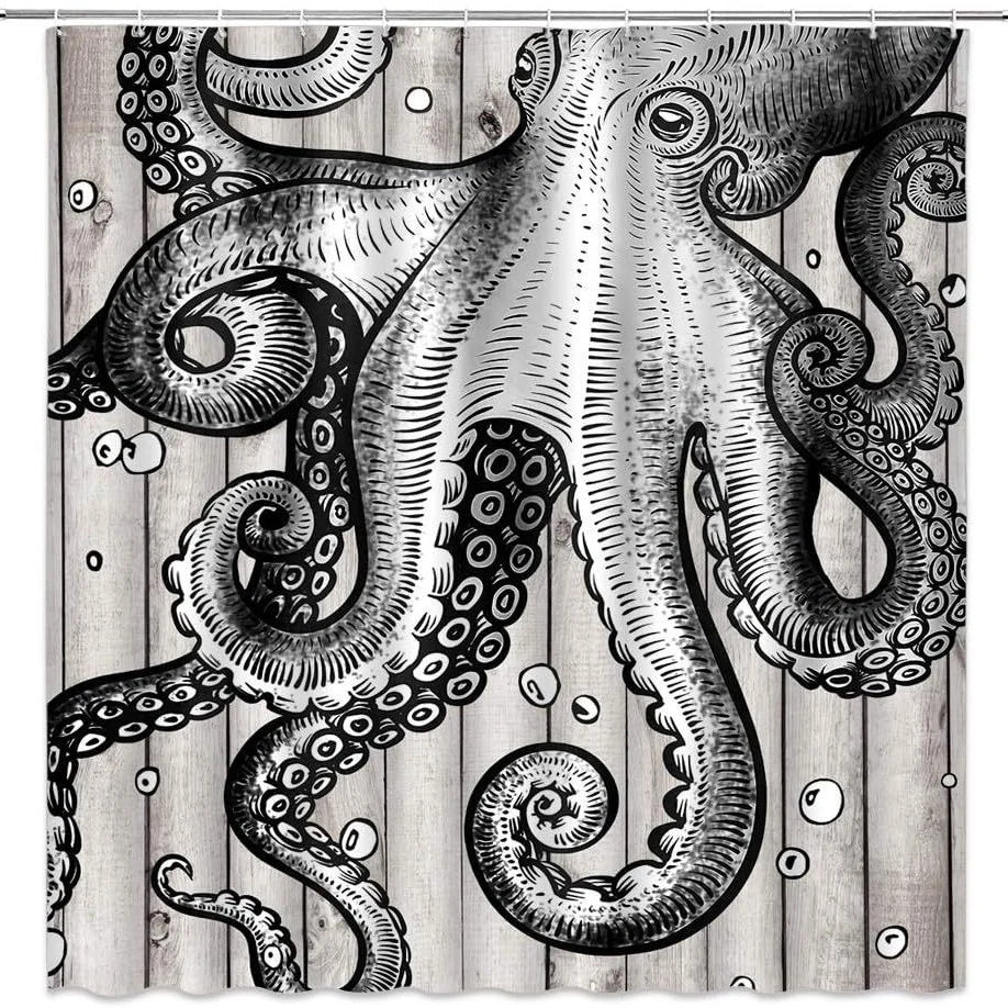 Shower Curtain | Ocean Art Octopus & Jellyfish Design & Water-Resistant Polyester | Fits Standard Bathtubs