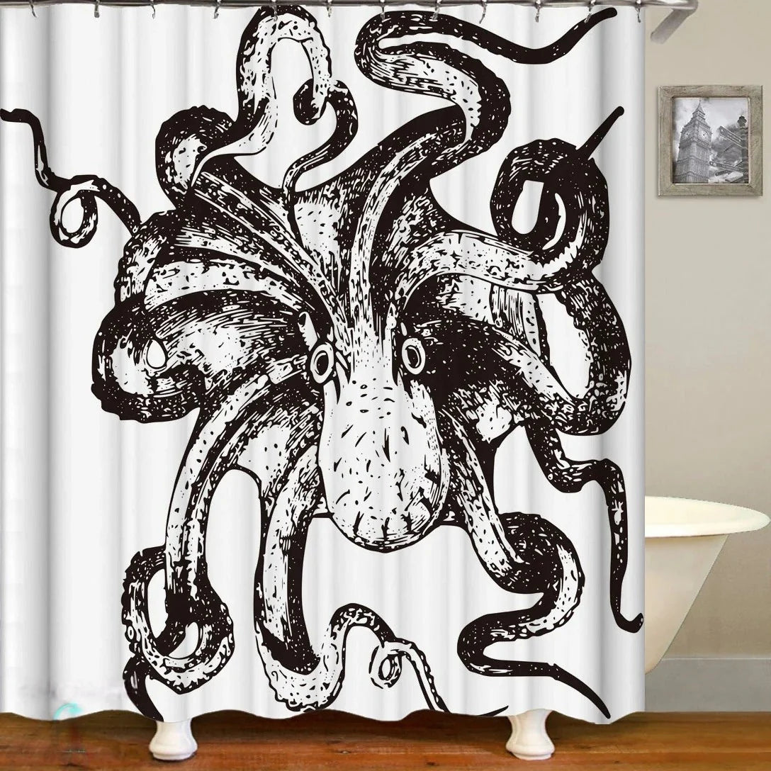 Shower Curtain | Ocean Art Octopus & Jellyfish Design & Water-Resistant Polyester | Fits Standard Bathtubs