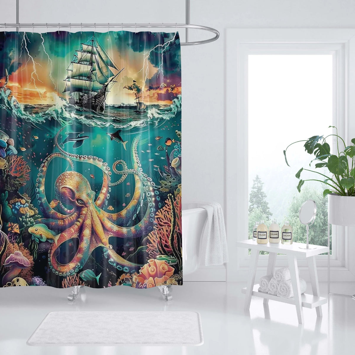 Shower Curtain | Ocean Art Octopus & Jellyfish Design & Water-Resistant Polyester | Fits Standard Bathtubs