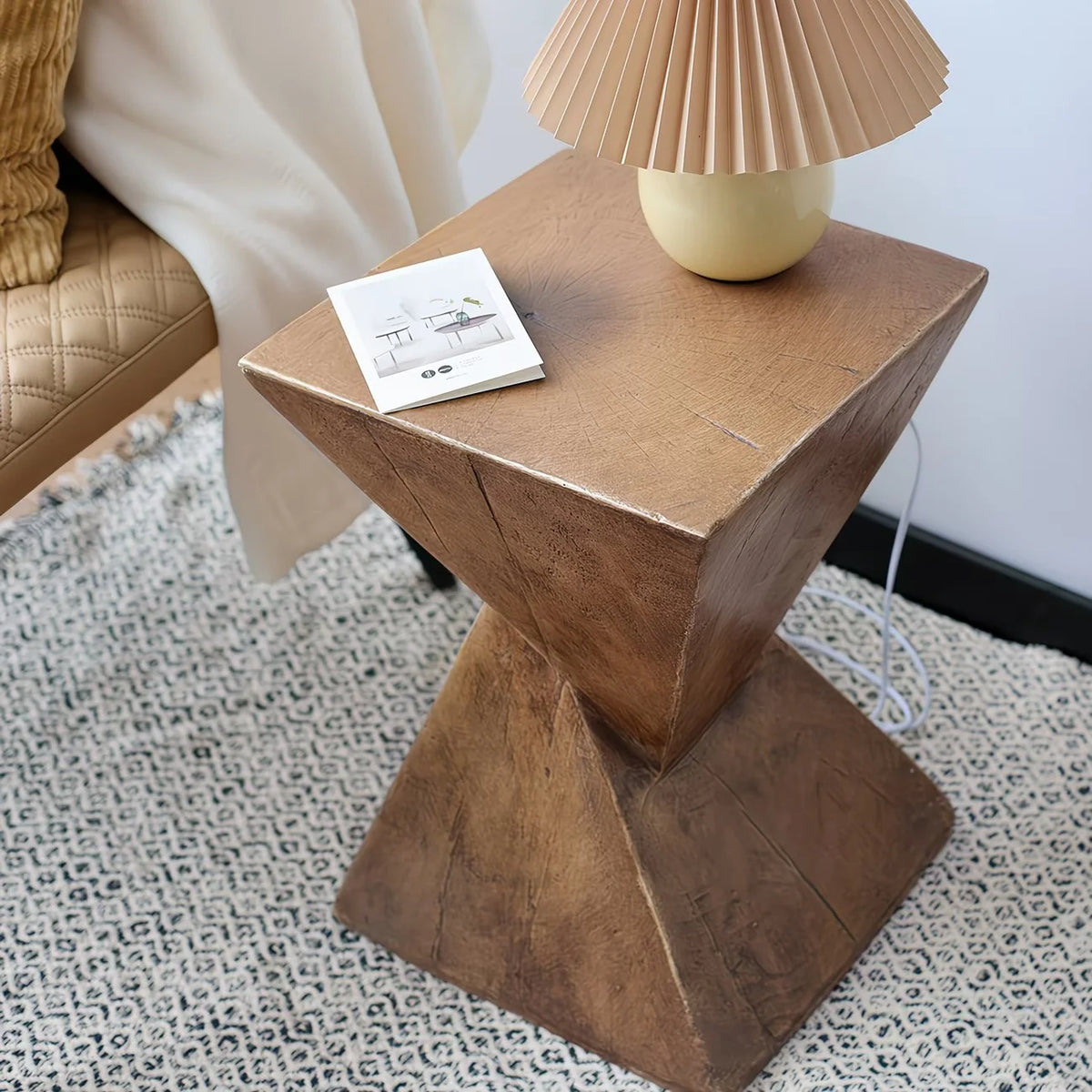 Side Table | Geometric Stacked Pyramid & Square Top | Brown Finish, 30.5 x 46 cm
