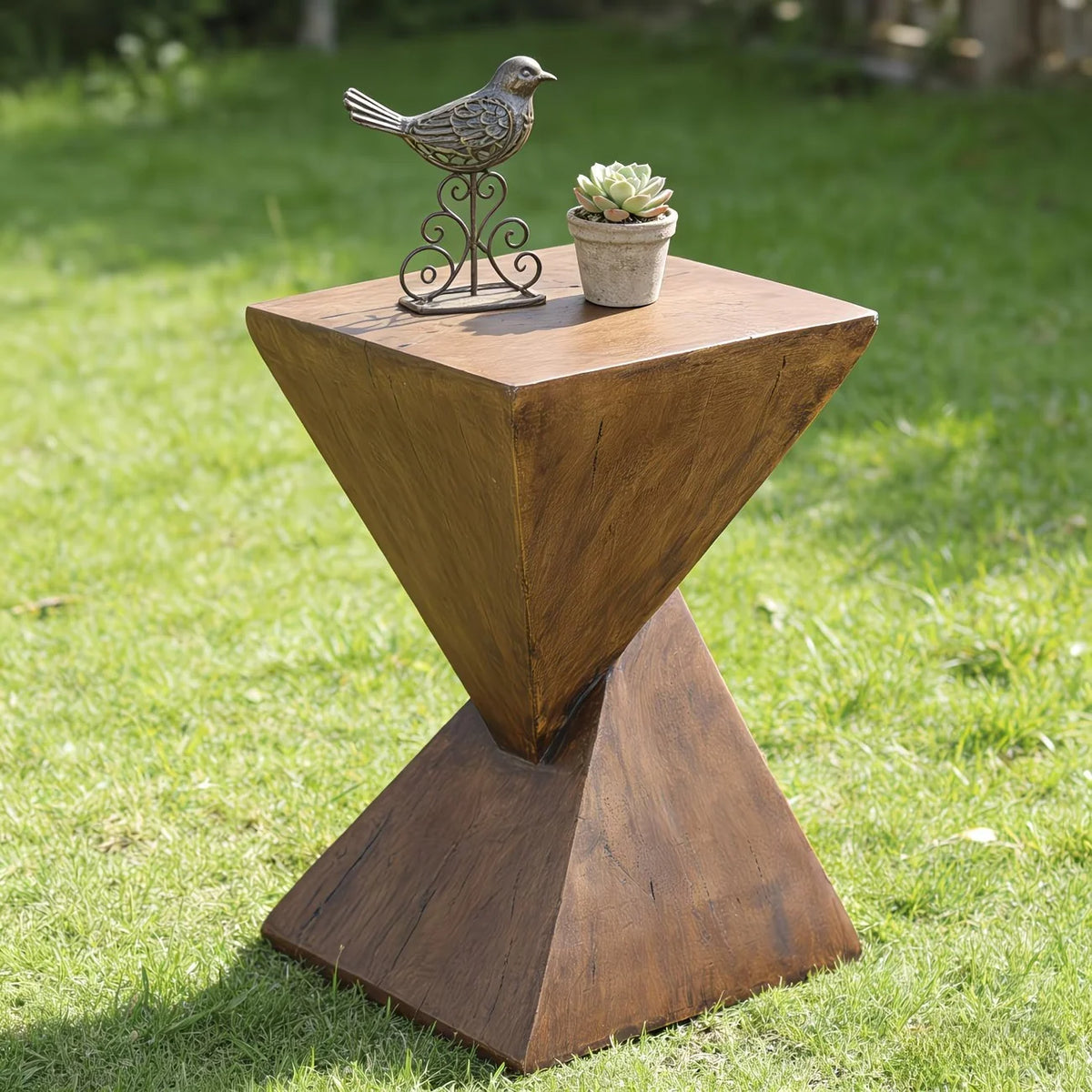 Side Table | Geometric Stacked Pyramid & Square Top | Brown Finish, 30.5 x 46 cm