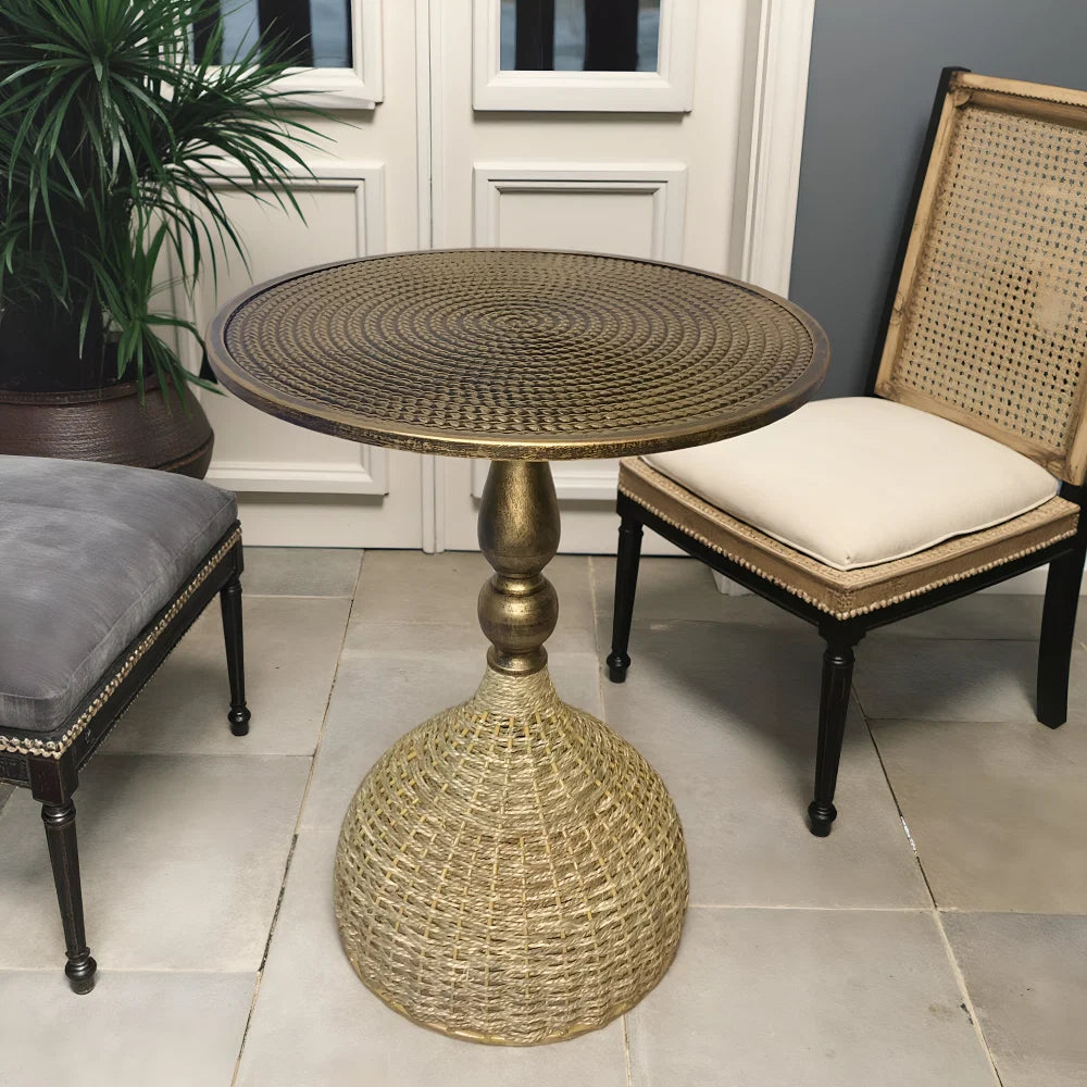 Side Table | Vintage Wicker & Iron Top | 40 x 52 cm