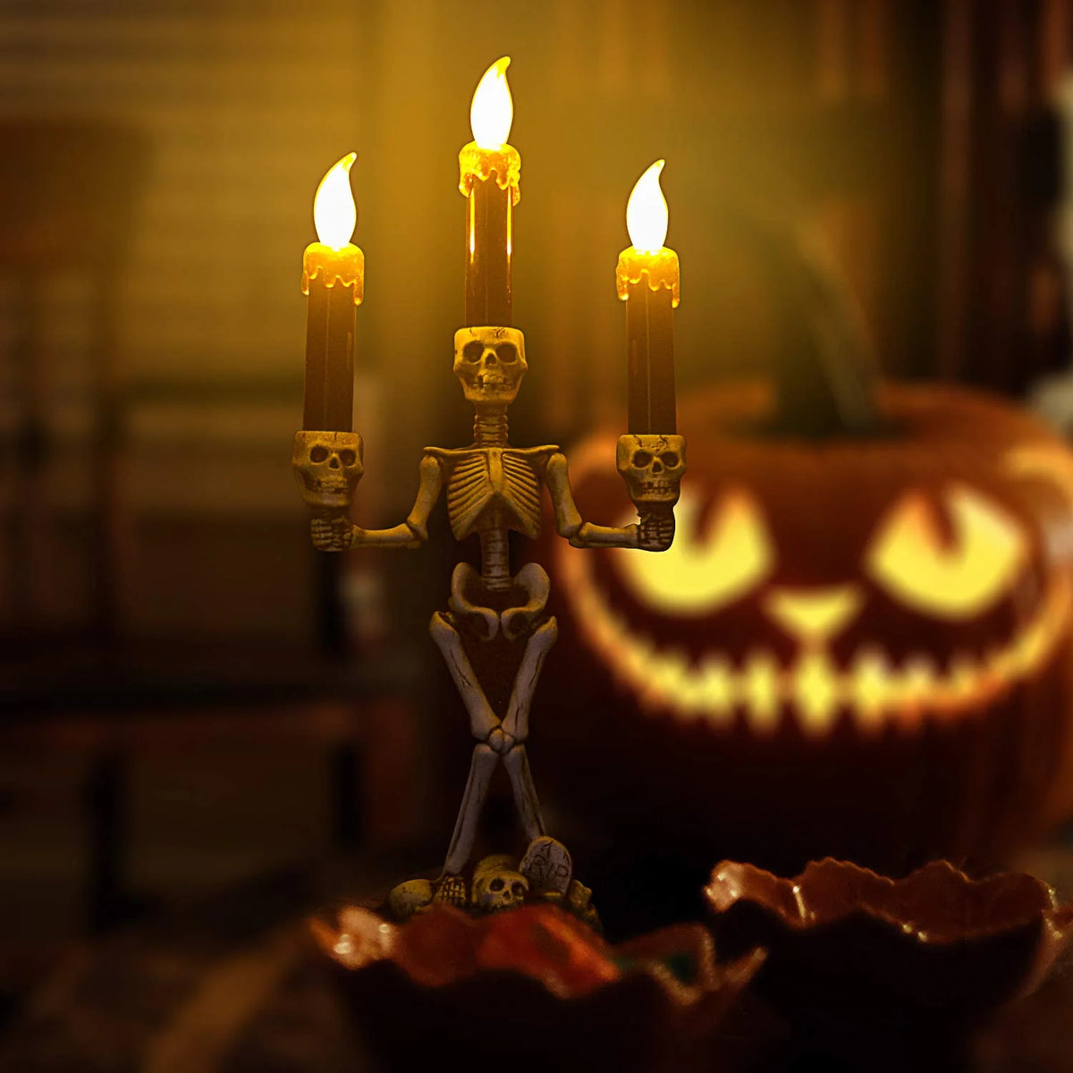 Skeleton Candle Holder | Flameless LED & Battery-Operated | 3-Candle