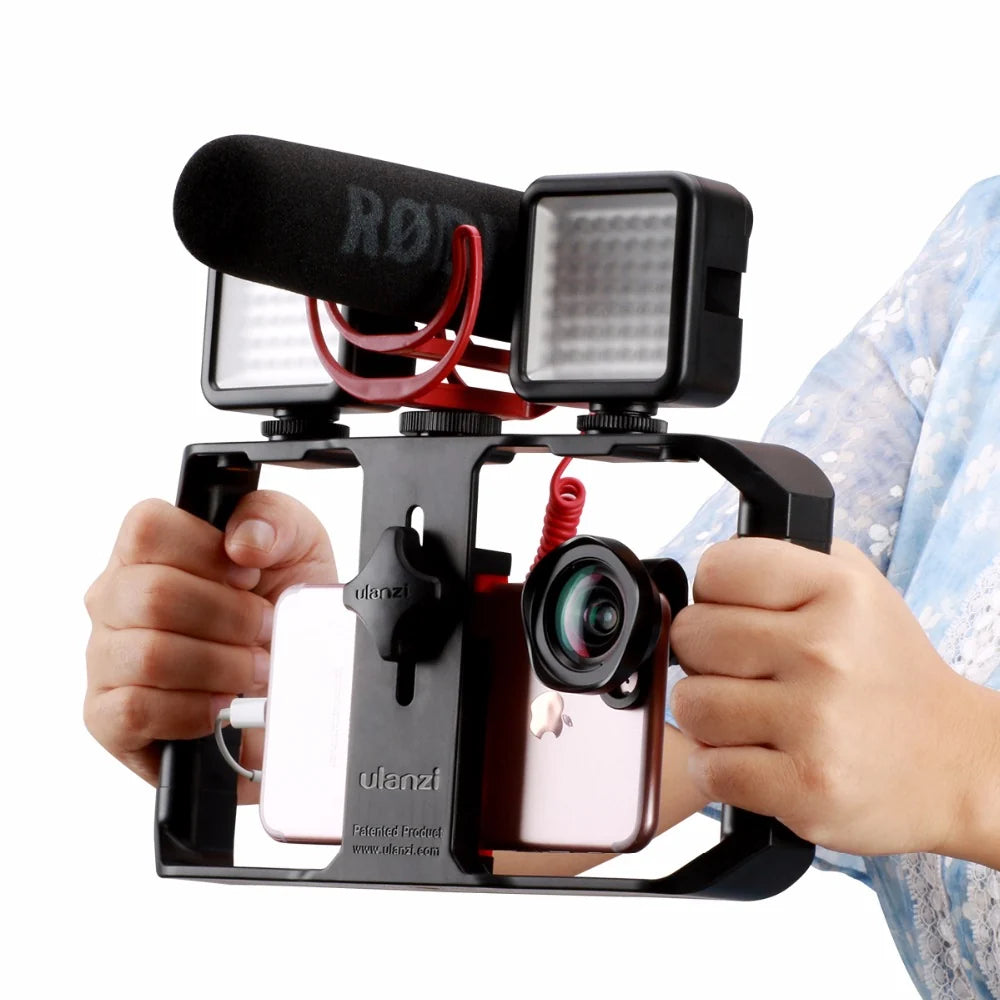 Smartphone Video Rig | LED Light & Triple Cold Shoe Mounts | Fits Phones Up To 85mm