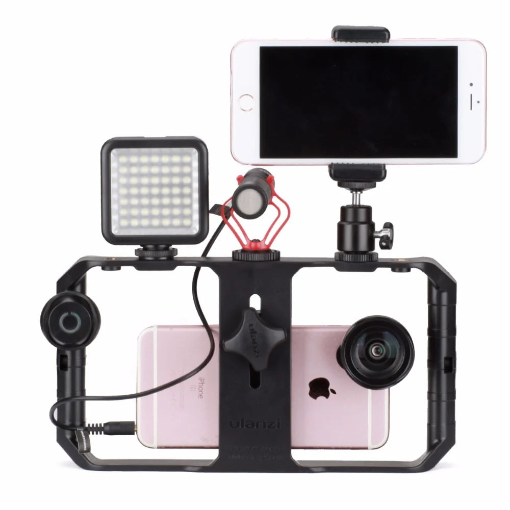 Smartphone Video Rig | LED Light & Triple Cold Shoe Mounts | Fits Phones Up To 85mm