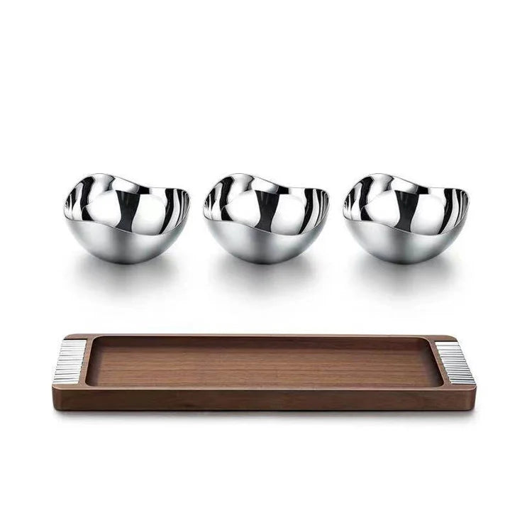 Snack Bowl Set | Stainless Steel & Wood Tray | Set of 3