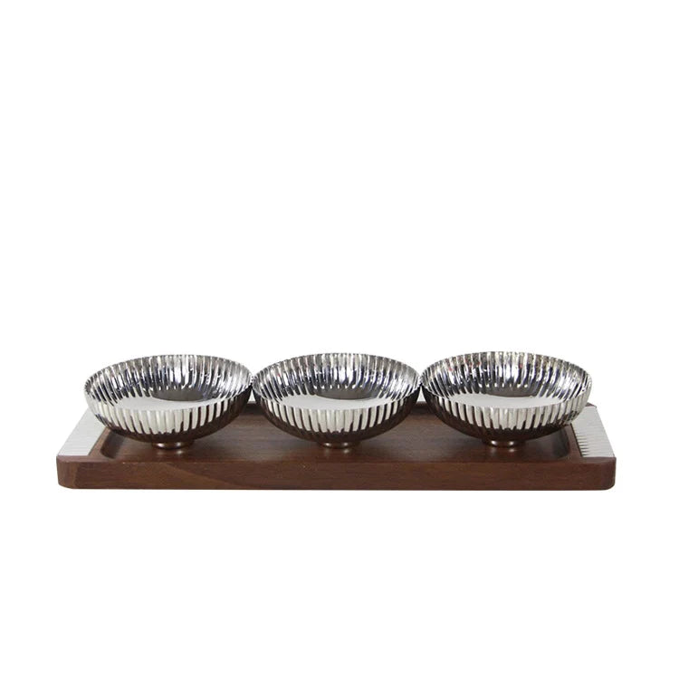 Snack Bowl Set | Stainless Steel & Wood Tray | Set of 3