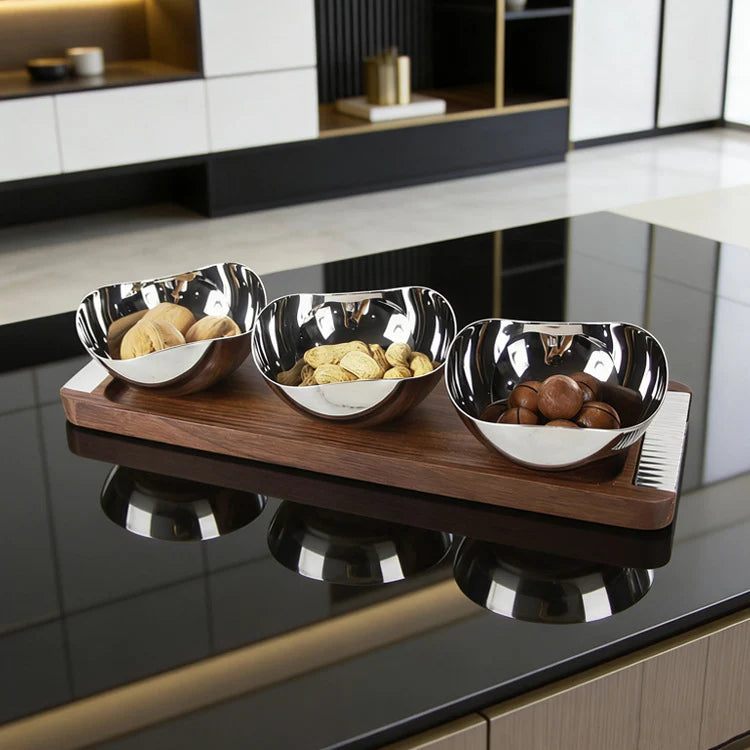 Snack Bowl Set | Stainless Steel & Wood Tray | Set of 3