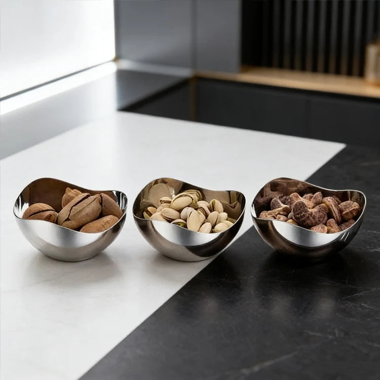 Snack Bowl Set | Stainless Steel & Wood Tray | Set of 3