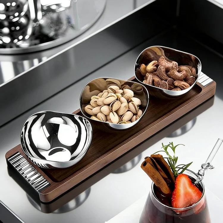 Snack Bowl Set | Stainless Steel & Wood Tray | Set of 3