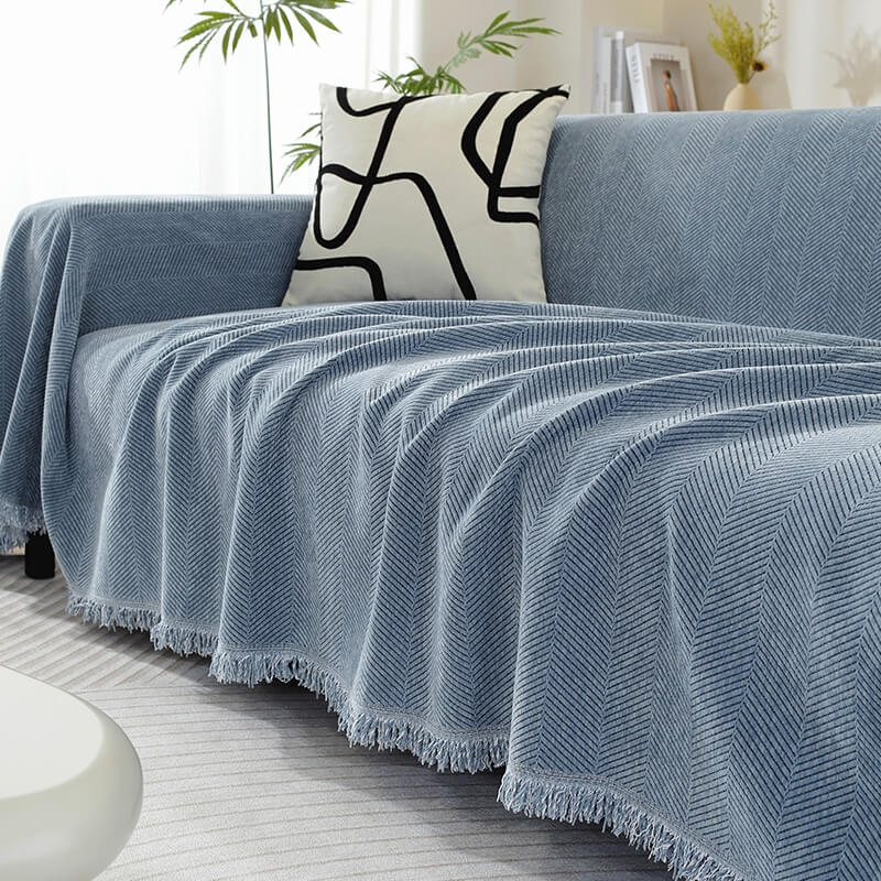 Sofa Cover | Chenille Herringbone & Tassel Edges | Machine Washable