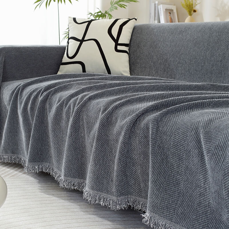 Sofa Cover | Chenille Herringbone & Tassel Edges | Machine Washable