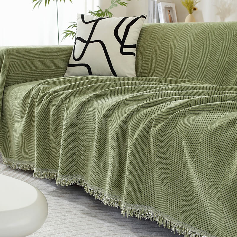Sofa Cover | Chenille Herringbone & Tassel Edges | Machine Washable