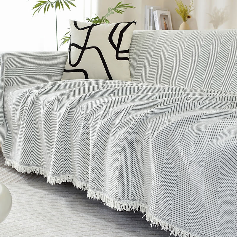 Sofa Cover | Chenille Herringbone & Tassel Edges | Machine Washable