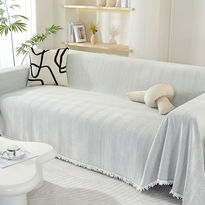 Sofa Cover | Chenille Herringbone & Tassel Edges | Machine Washable