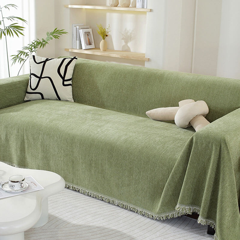 Sofa Cover | Chenille Herringbone & Tassel Edges | Machine Washable