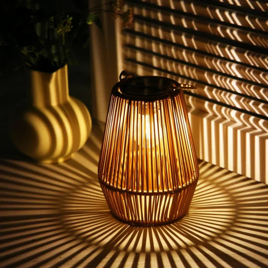 Outdoor Solar Lantern | Cylindrical Handwoven Rattan | Waterproof LED