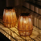 Outdoor Solar Lantern | Cylindrical Handwoven Rattan | Waterproof LED