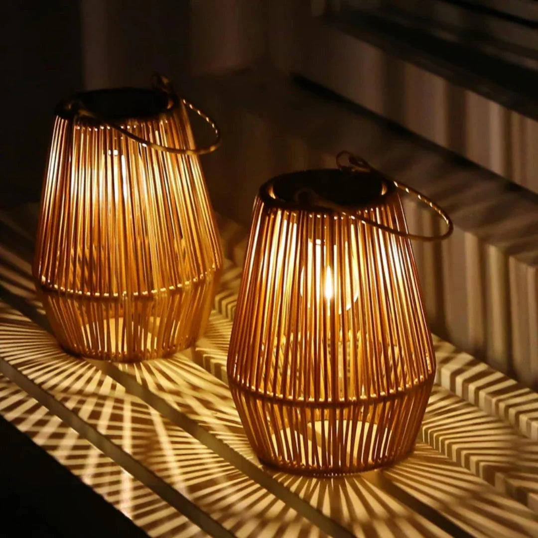 Outdoor Solar Lantern | Cylindrical Handwoven Rattan | Waterproof LED