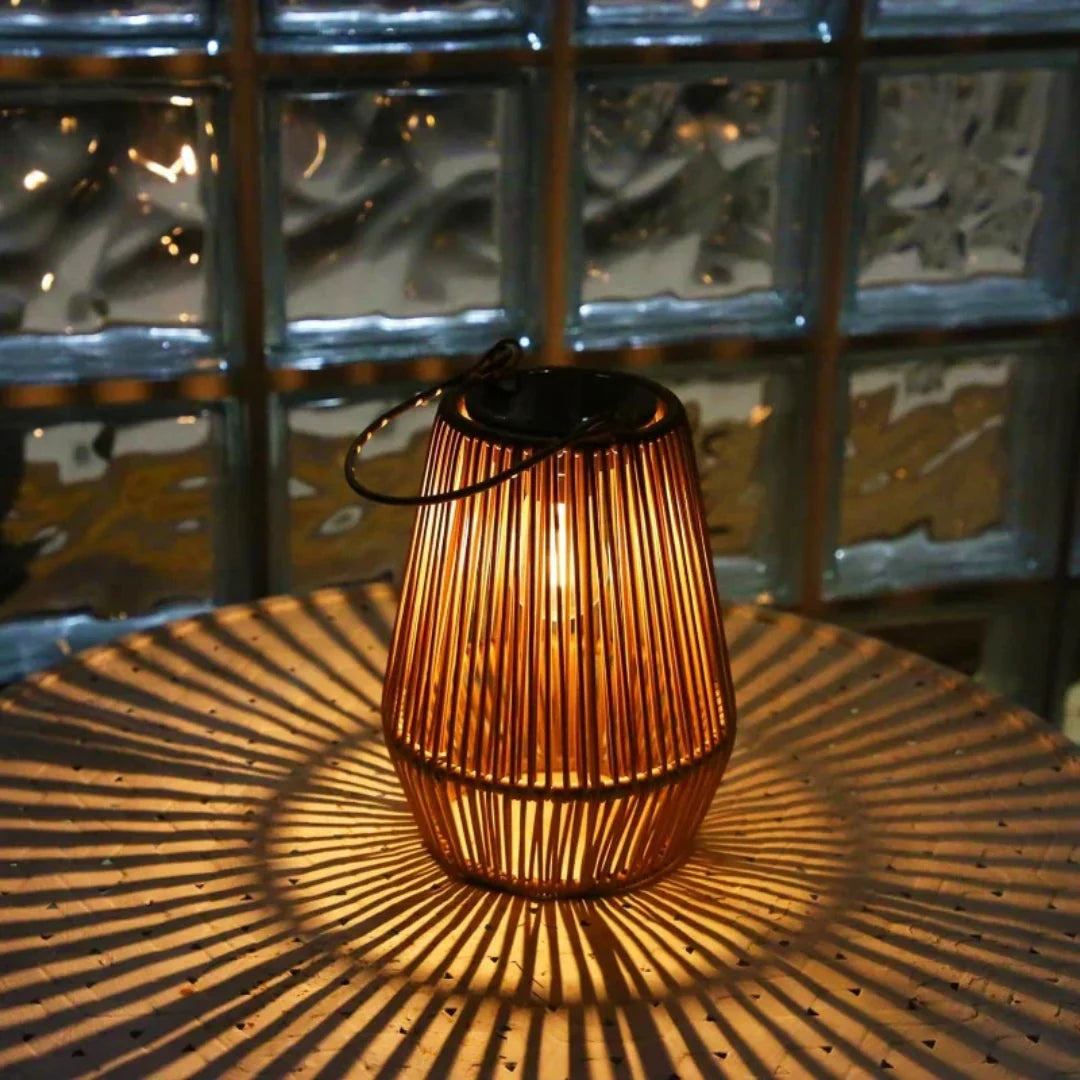 Outdoor Solar Lantern | Cylindrical Handwoven Rattan | Waterproof LED