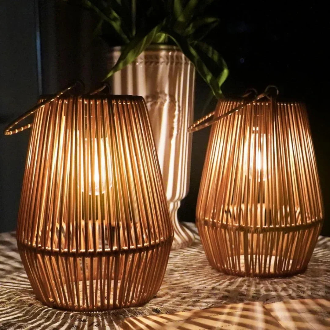 Outdoor Solar Lantern | Cylindrical Handwoven Rattan | Waterproof LED