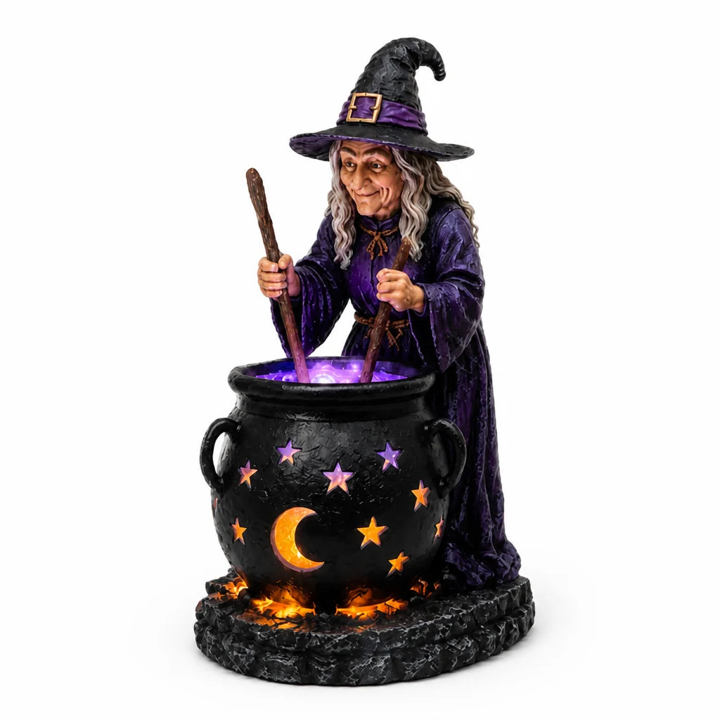 Solar Garden Light | Weather-Resistant Resin & Warm LED With Dusk Sensor | Witch Cauldron