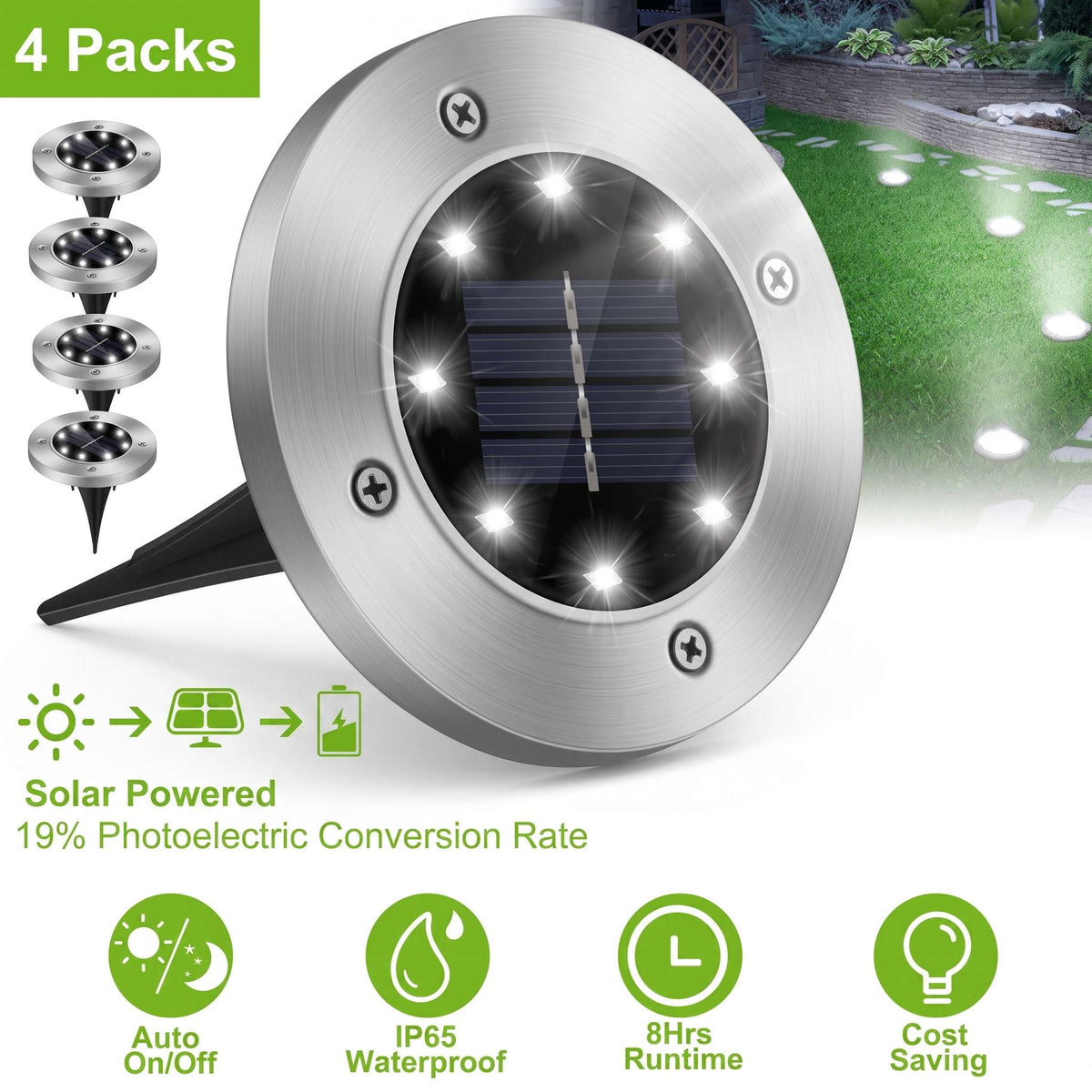 Solar Ground Lights | Flush-Mount & Solar Powered | 4-Pack