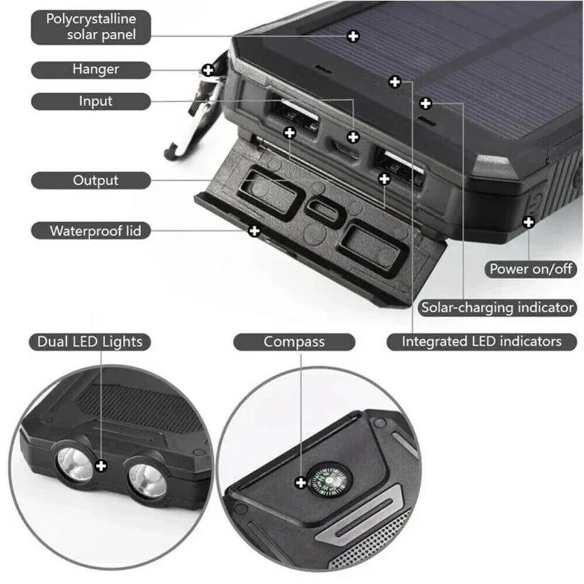 Solar Power Bank | Dual USB & Integrated LED | IP44 Water-Resistant