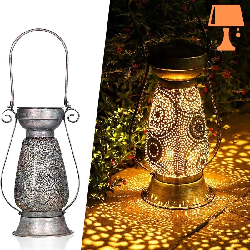 Lantern Table Lamp | Pierced Metal Pattern | Solar-Powered