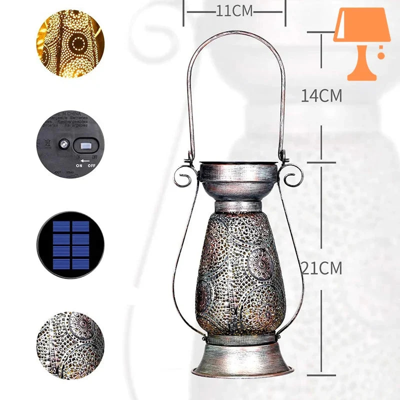 Lantern Table Lamp | Pierced Metal Pattern | Solar-Powered
