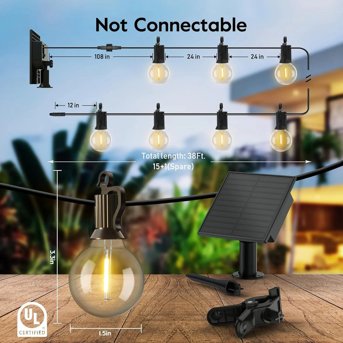 Solar String Lights | Solar-Powered & USB-C Charging | 38 Ft