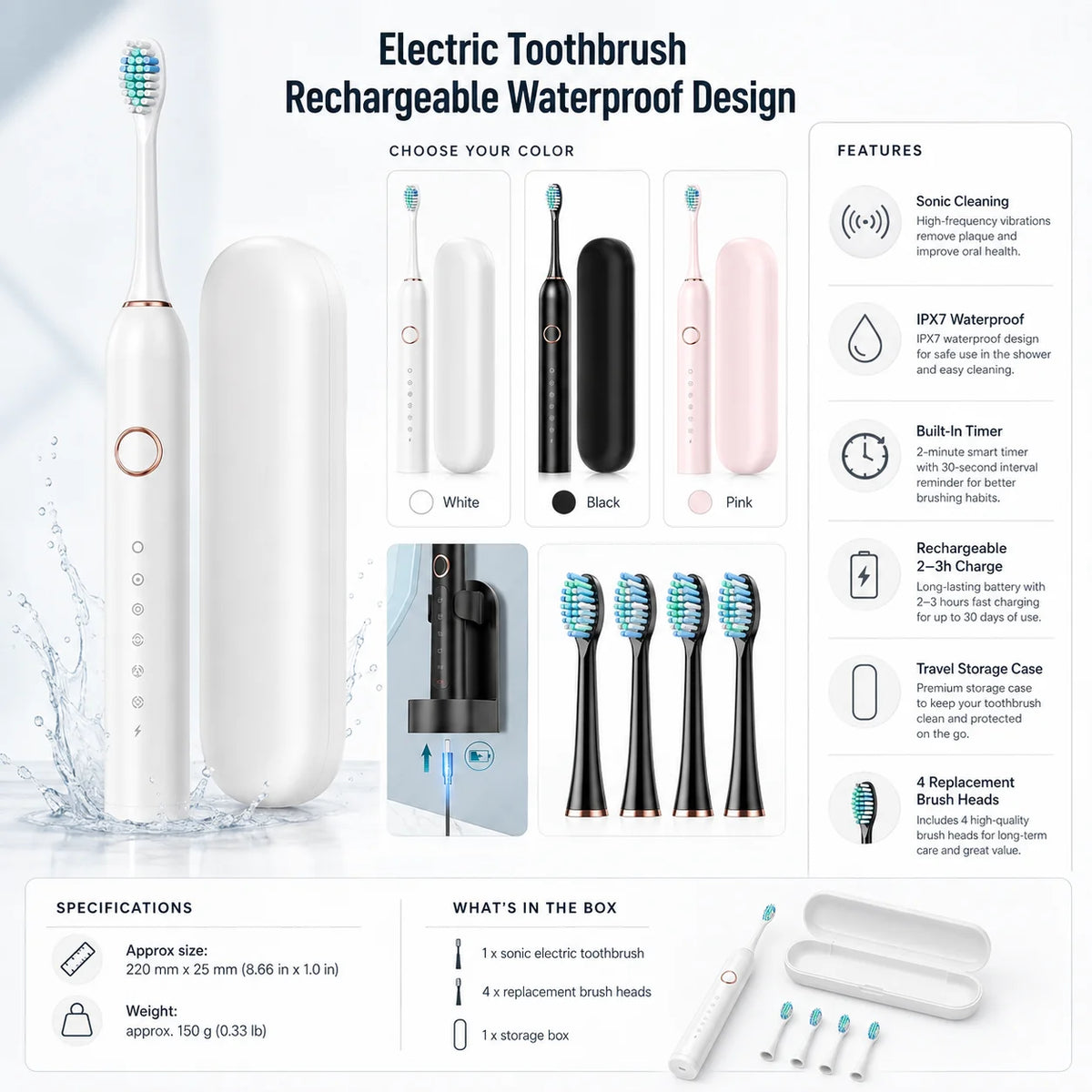 Sonic Electric Toothbrush | Rechargeable & Waterproof | With Brush Heads & Storage Box