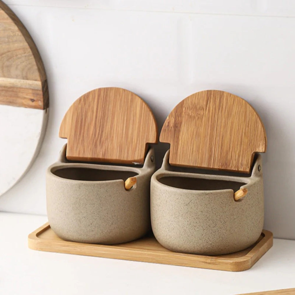 Spice Jar Set | Ceramic with Bamboo Lids | 2 Jars & Tray