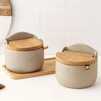 Spice Jar Set | Ceramic with Bamboo Lids | 2 Jars & Tray