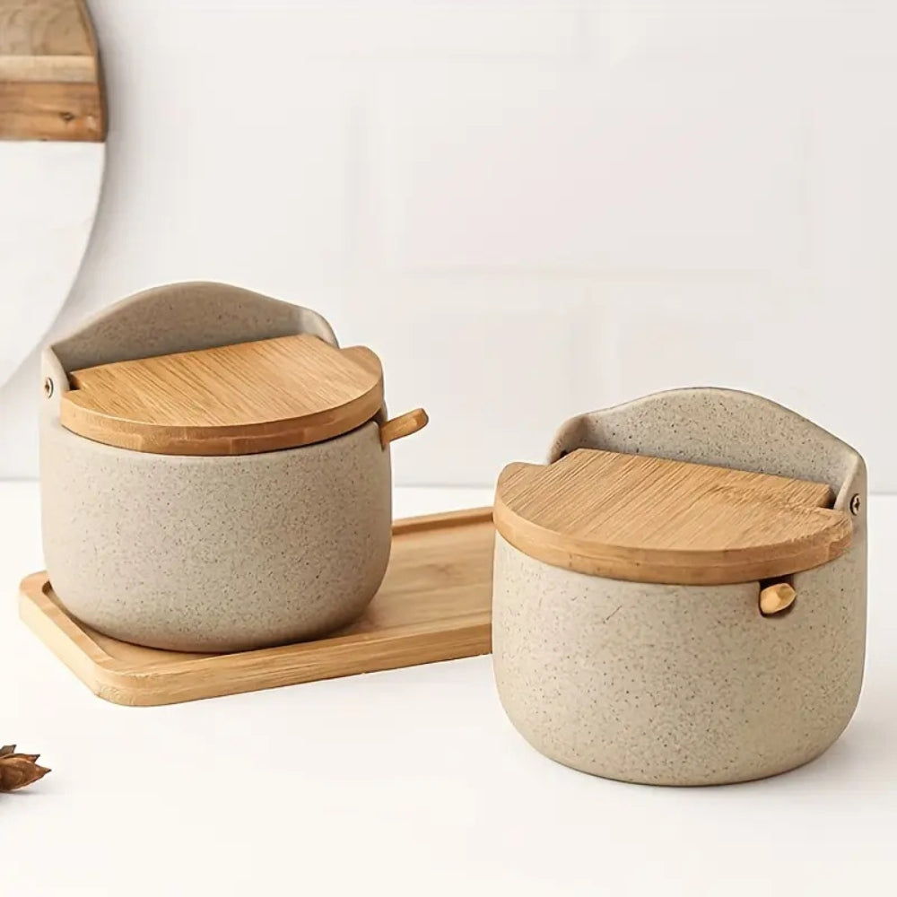 Spice Jar Set | Ceramic with Bamboo Lids | 2 Jars & Tray