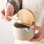 Spice Jar Set | Ceramic with Bamboo Lids | 2 Jars & Tray