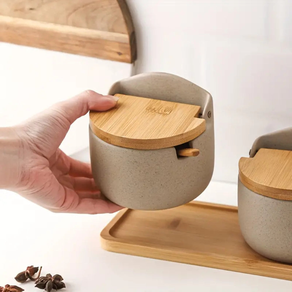 Spice Jar Set | Ceramic with Bamboo Lids | 2 Jars & Tray
