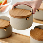 Spice Jar Set | Ceramic with Bamboo Lids | 2 Jars & Tray
