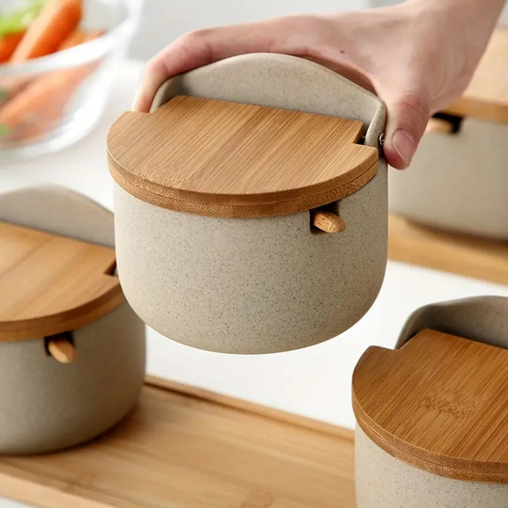 Spice Jar Set | Ceramic with Bamboo Lids | 2 Jars & Tray