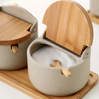 Spice Jar Set | Ceramic with Bamboo Lids | 2 Jars & Tray